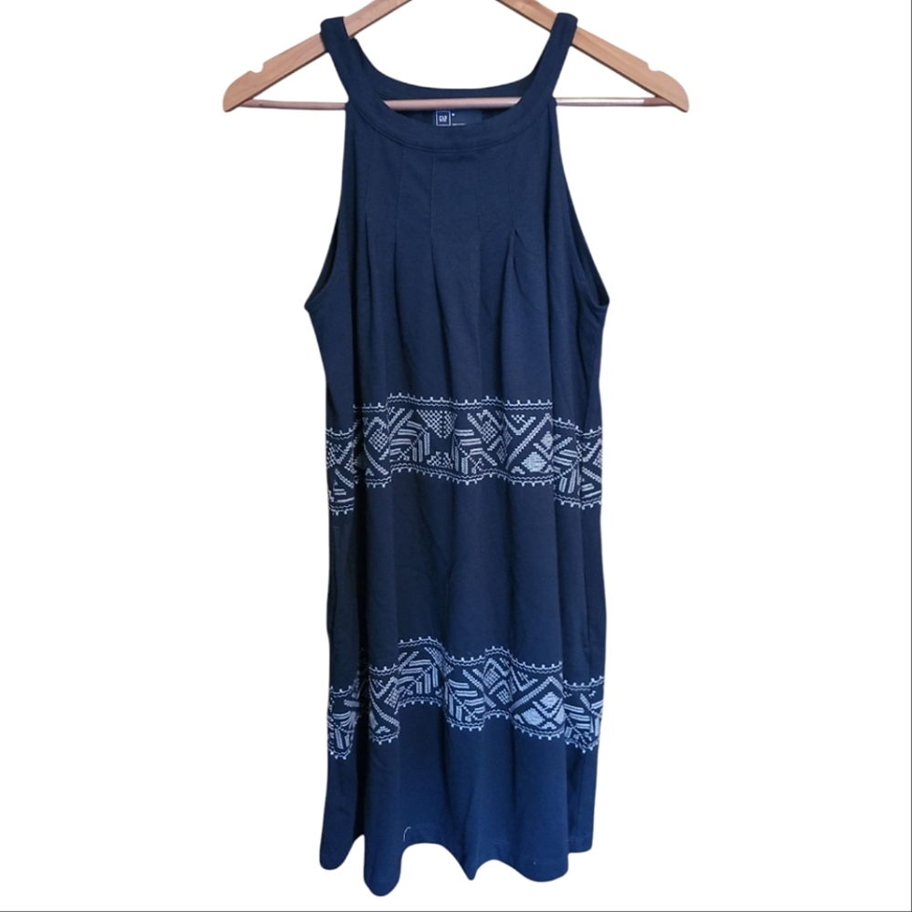 Women's GAP Navy Blue Pleated Sleeveless Dress W/ White Geometric Accent Medium